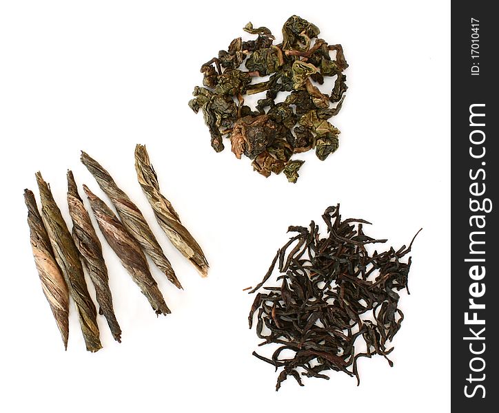 Three handfuls of tea (Oolong tea, Jade's Spindle (Green Spindle), black) isolated on white background. Three handfuls of tea (Oolong tea, Jade's Spindle (Green Spindle), black) isolated on white background.