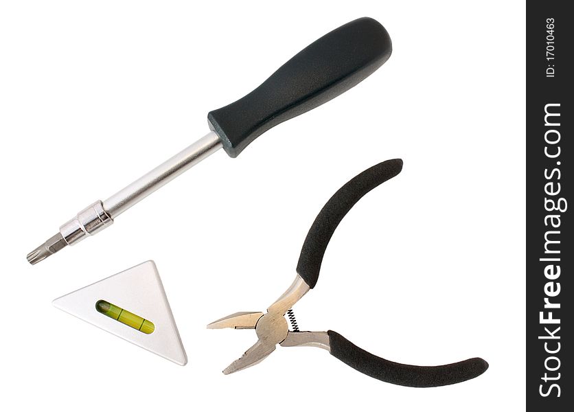 Three tools: screw-driver, pliers and level