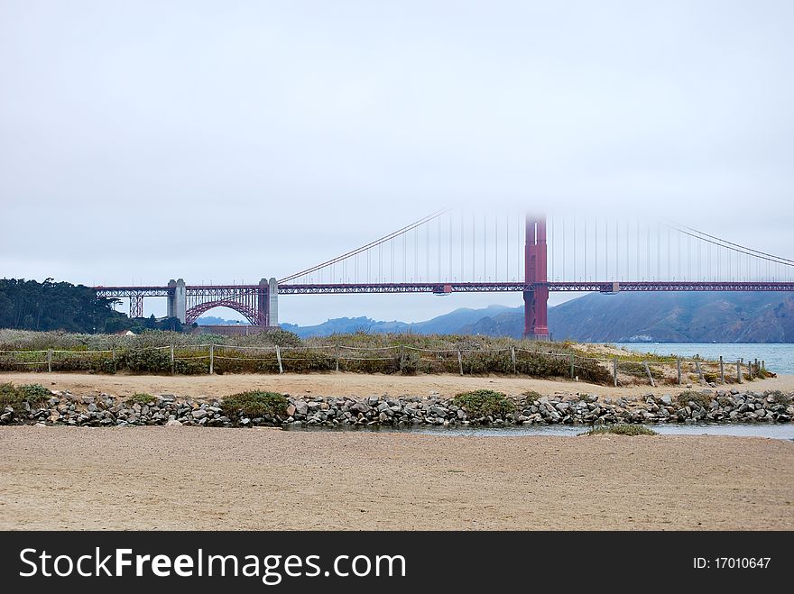 Golden Gate and sea in a foggy day. Golden Gate and sea in a foggy day