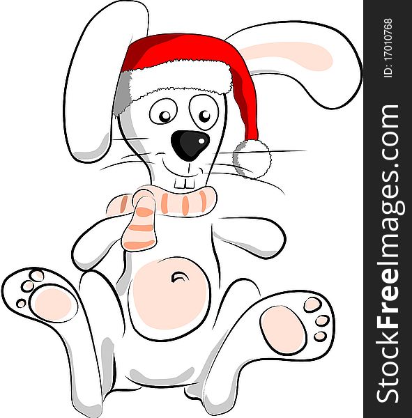 White santa rabbit with red hat and striped scarf