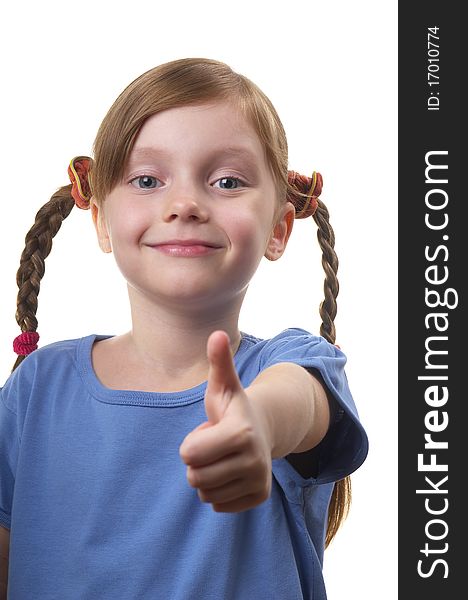 Funny smiling little girl portrait isolated over white background (big thumb up). Funny smiling little girl portrait isolated over white background (big thumb up)