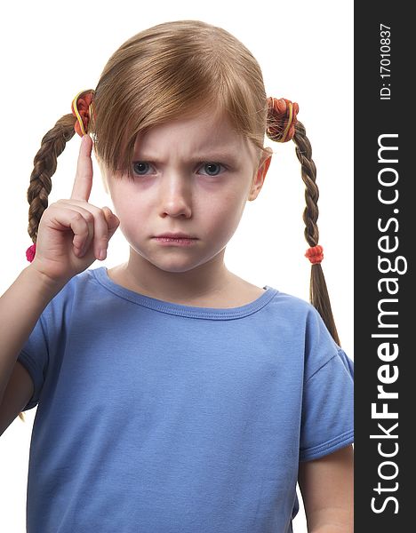 Little girl gesturing attention sign solated over white background (big thumb up). Little girl gesturing attention sign solated over white background (big thumb up)
