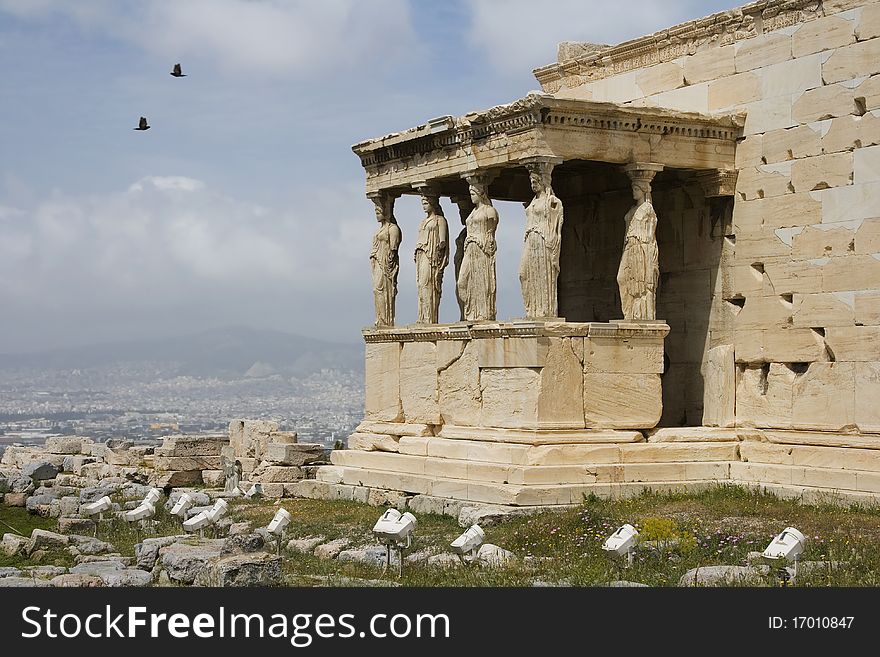 The Porch of Maidens atop Acropolis in Athens, Greece