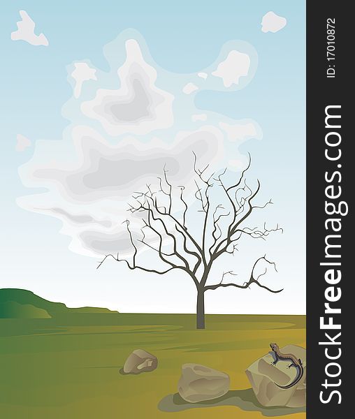 Vector illustration of landscape with lonely tree and lizard on the rock.