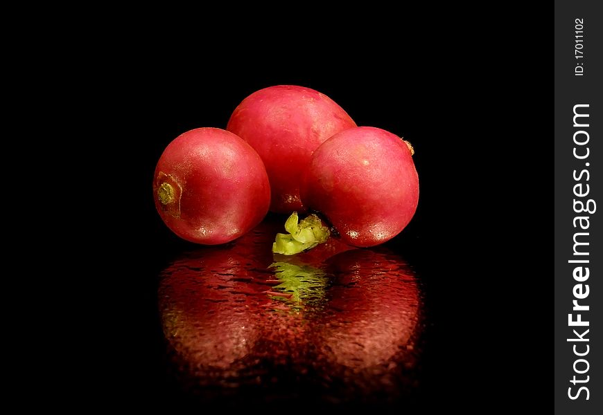 Radish on the black background with water drops