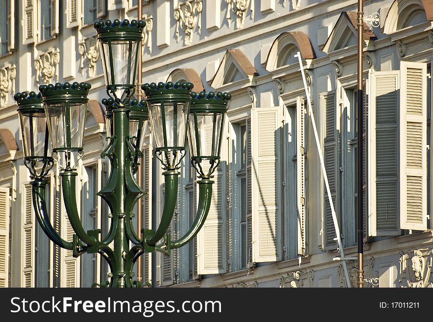 A streetlight characteristic of the San Carlo square in Turin. A streetlight characteristic of the San Carlo square in Turin