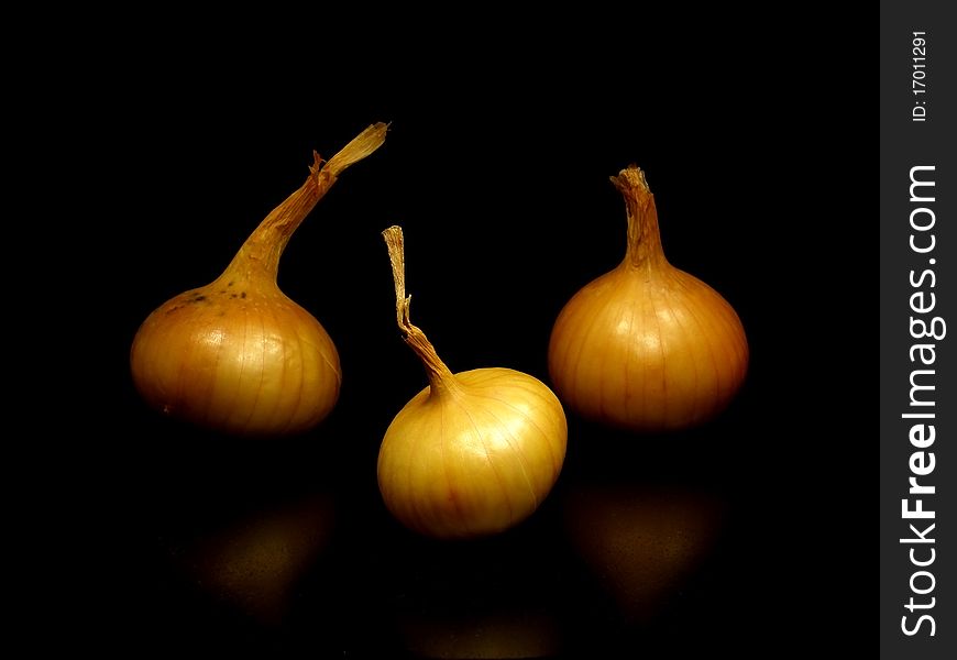 Bulbs of onion on the black background