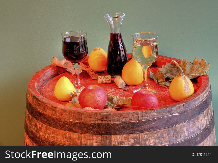 Apples, red and white wine   autumn arrangement