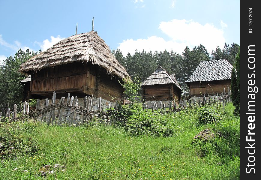 Old village with houses made from wood in Sirogojno, Serbia.