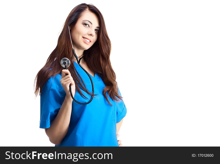 Woman doctor in uniform on white background