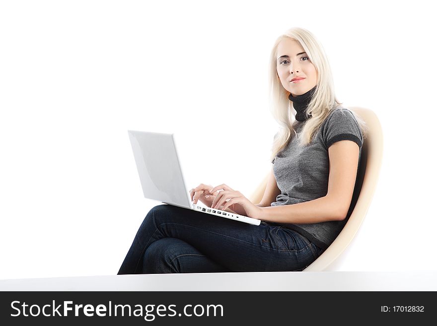 Beautiful woman  with computer over white background. Beautiful woman  with computer over white background