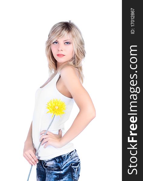 Young girl over white background with flower. Young girl over white background with flower