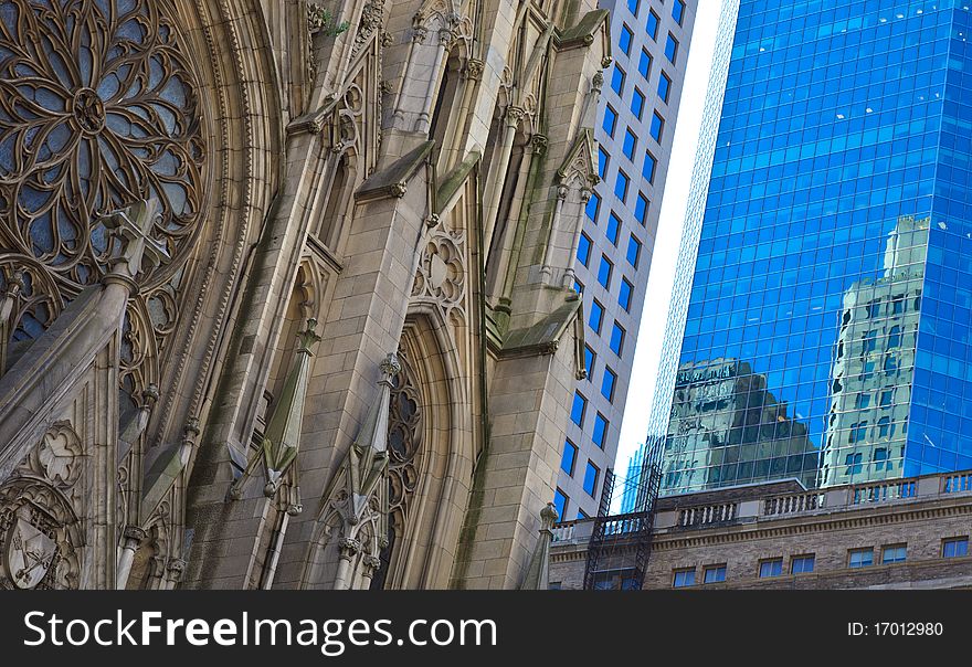 Old Church and Modern Glass Building. Old Church and Modern Glass Building