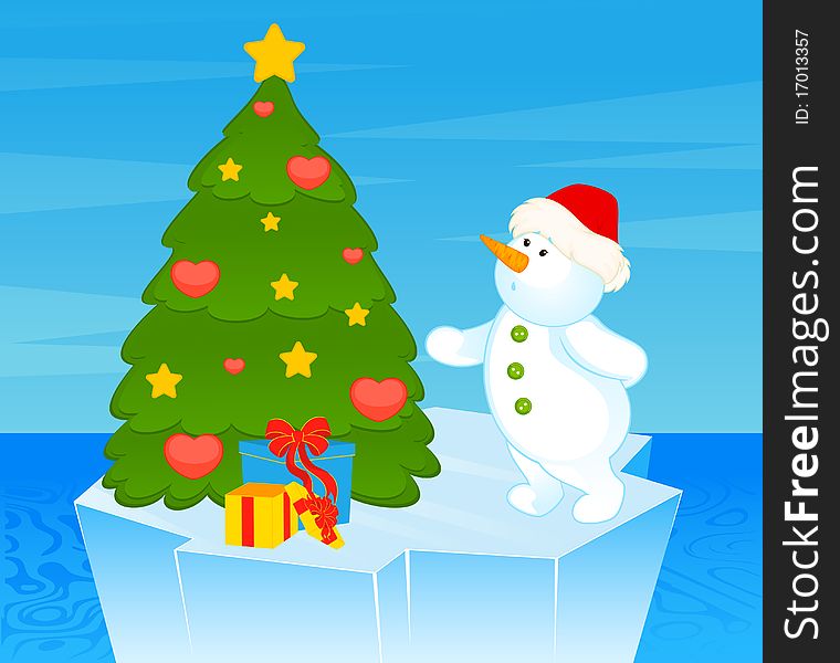 Cartoon little cute snowman with fir-tree