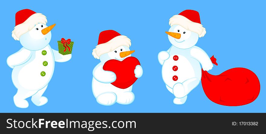 Set of cartoon cute snowmen are isolated