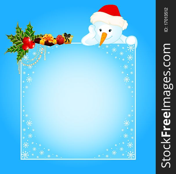 Cartoon little cute snowman with banner