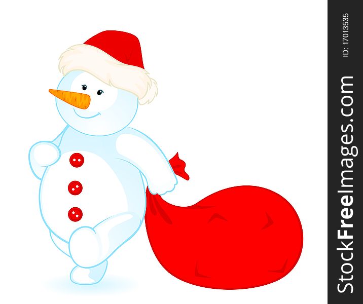 cartoon little cute snowman with sack