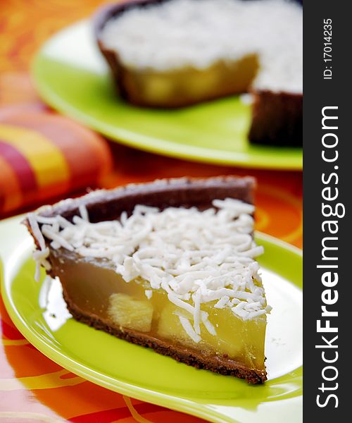 Delicious pie with pinneapple jelly and coconut topping. Delicious pie with pinneapple jelly and coconut topping