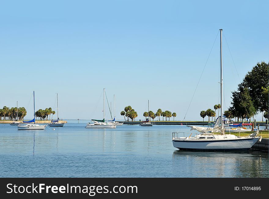 Sailboats anchored in a cove on a sunny morning. The inlet protects the moored sailboats from waves and foul weather on the west coast of Florida. Sailboats anchored in a cove on a sunny morning. The inlet protects the moored sailboats from waves and foul weather on the west coast of Florida.