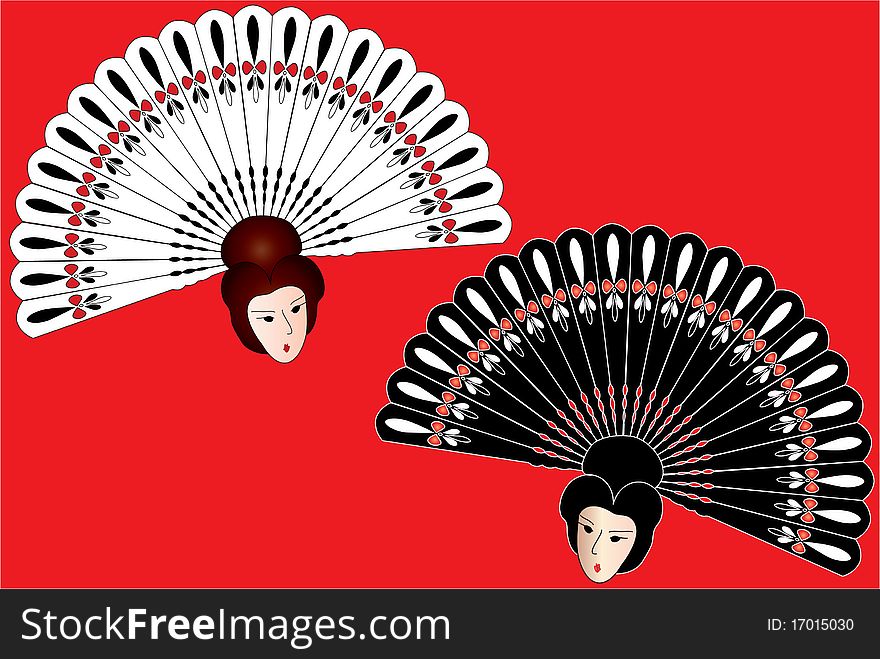 Asian fan, black and white on red background