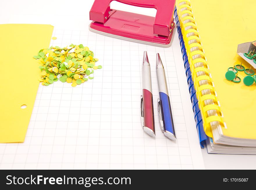 Workplace in an office with different office tools. Workplace in an office with different office tools