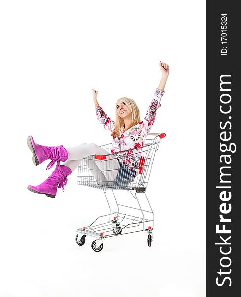 Beautiful woman with cart over white background. Beautiful woman with cart over white background