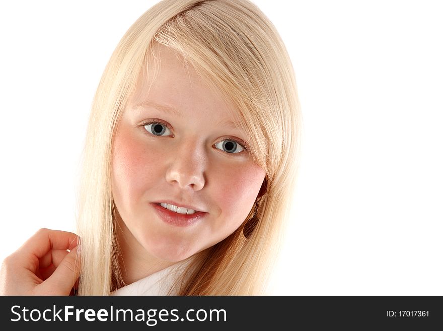 Portrait of the young beautiful blonde insulated on white background