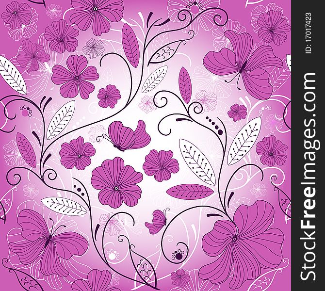 Seamless floral pattern with violet flowers and butterflies