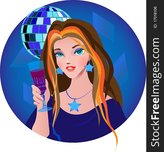 The young beautiful girl in a disco, holds a glass and lovely smiles. Looks directly. Behind a disco sphere and reflections. The colourful illustration in dark blue tones approaches for celebratory design.