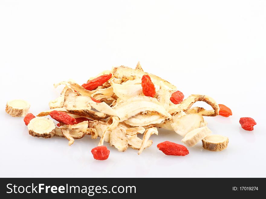 Chinese herbal medicine on white background