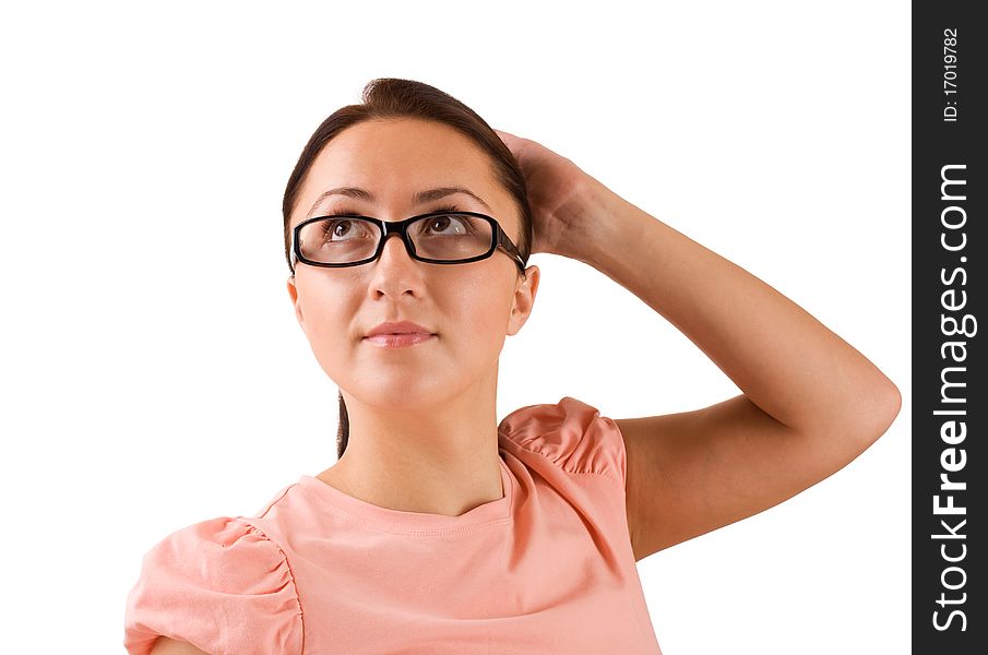 Woman in eyeglasses looking up