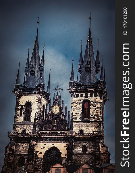 Church of Our Lady before TÃ½n with clouds, picture taken in Prague, Czech republic