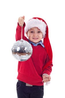 Santa Kid Holding A Disco Ball Royalty Free Stock Photography Santa Kid Holding A Disco Ball Royalty Free Stock Photography