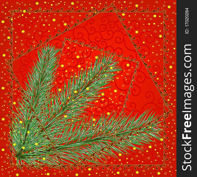New year red background patterned frame with a Christmas tree branch sprinkled with stars. New year red background patterned frame with a Christmas tree branch sprinkled with stars