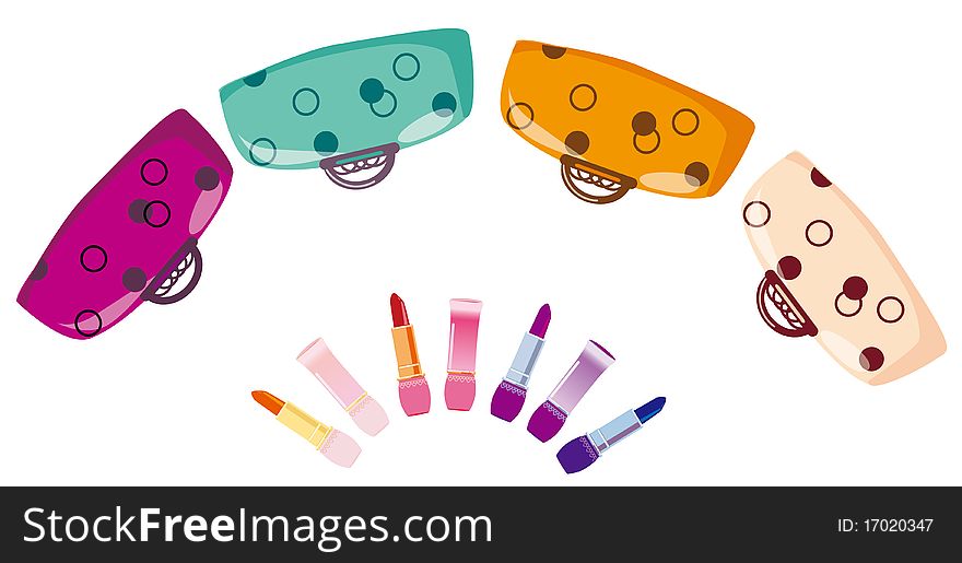 Illustration of colour handbags and lipstick. Illustration of colour handbags and lipstick