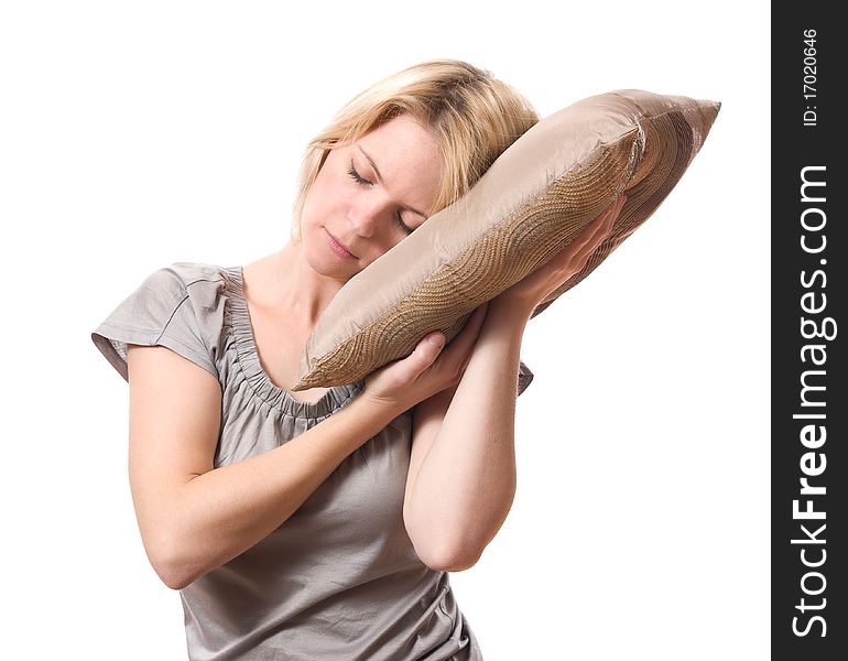 Young blond woman sleeping isolated over white background