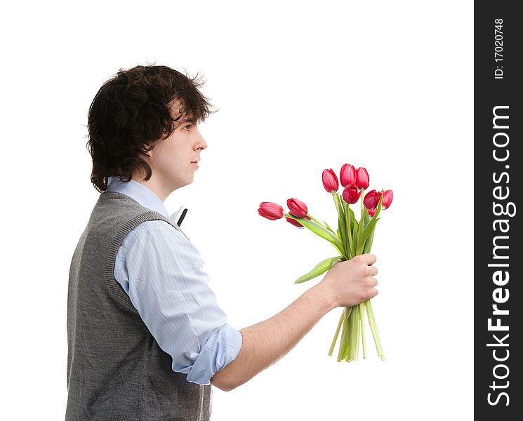 An image of a young boy with a bouquet. An image of a young boy with a bouquet