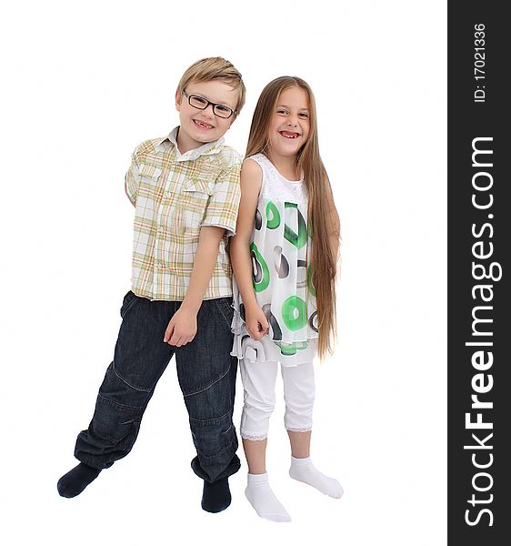 Girl and boy standing leaning on each other