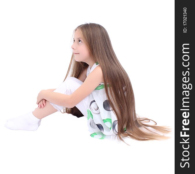 Girl-length dark hair sitting isolated
