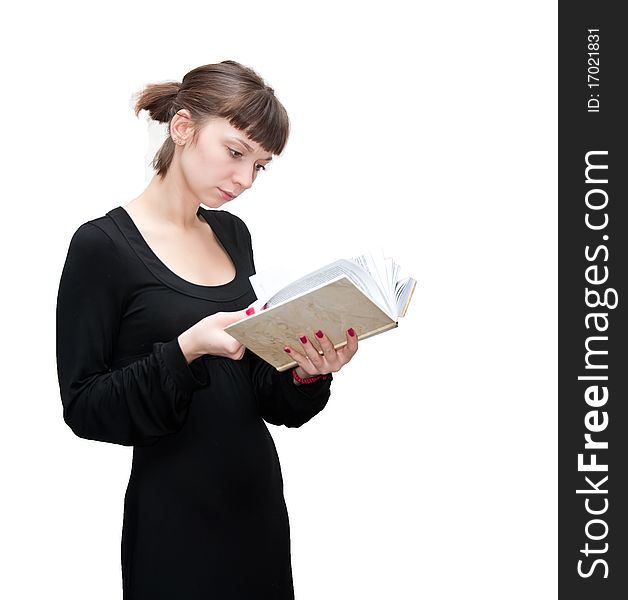 A girl reading a book on white background. A girl reading a book on white background