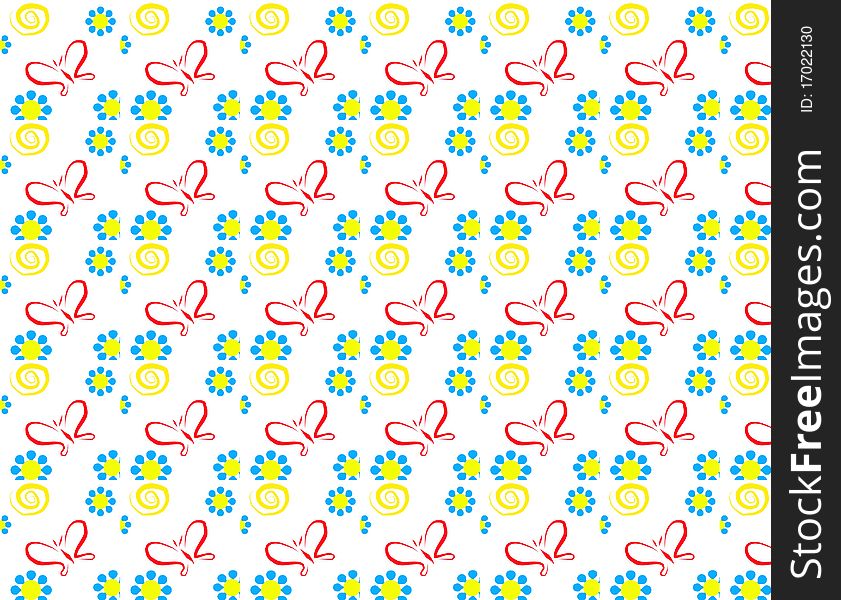 A cute pattern showing a little red butterfly flying to the sun with blue flowers all around on a white background. Digital drawing coloured picture. A cute pattern showing a little red butterfly flying to the sun with blue flowers all around on a white background. Digital drawing coloured picture.
