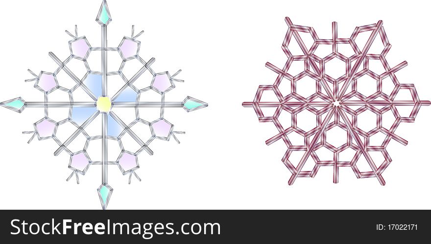 Ice snowflakes of different colors on a white background