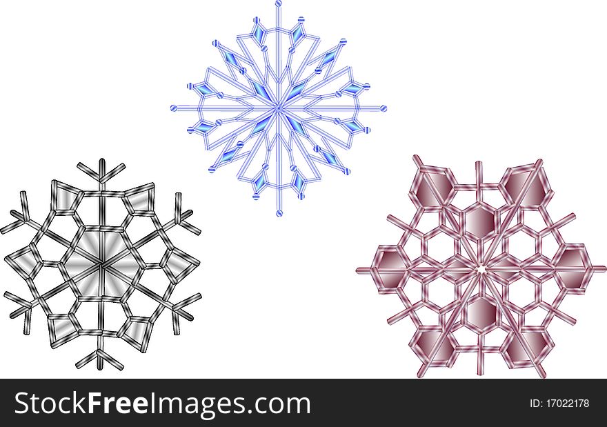 Ice snowflakes of different colors on a white background