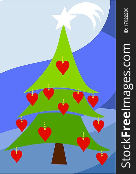 Decorated with hearts Christmas tree illustration