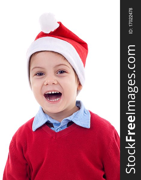 Young boy as Santa Claus laughing, isolated on white background