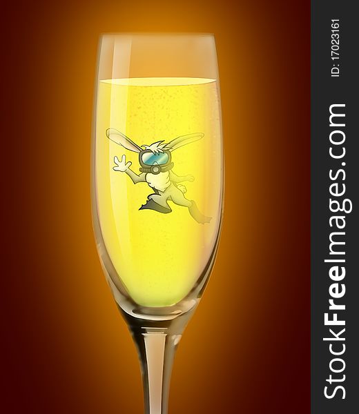 Gray rabbit diver in swimming mask in the glass of champagne. Illustration. Gray rabbit diver in swimming mask in the glass of champagne. Illustration
