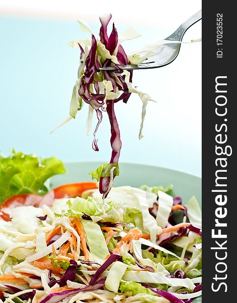 Fork and colorful mixed vegetable salad. Fork and colorful mixed vegetable salad