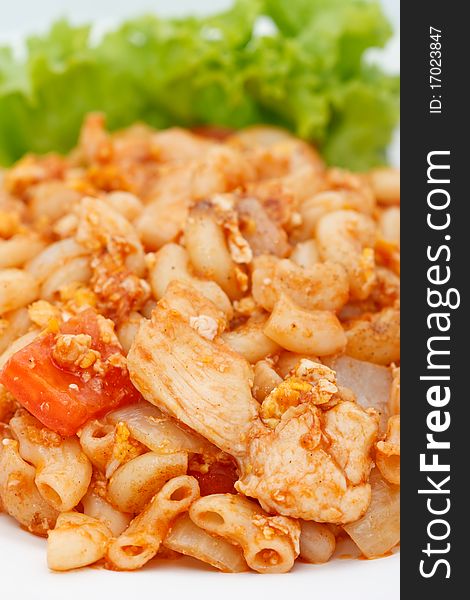 Macaroni fried with chicken and vegetables. Macaroni fried with chicken and vegetables