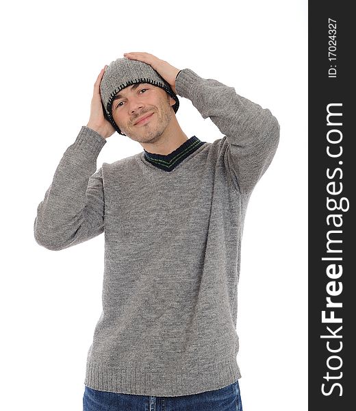 Handsome casual man in winter hat and warm clothes. isolated on white background