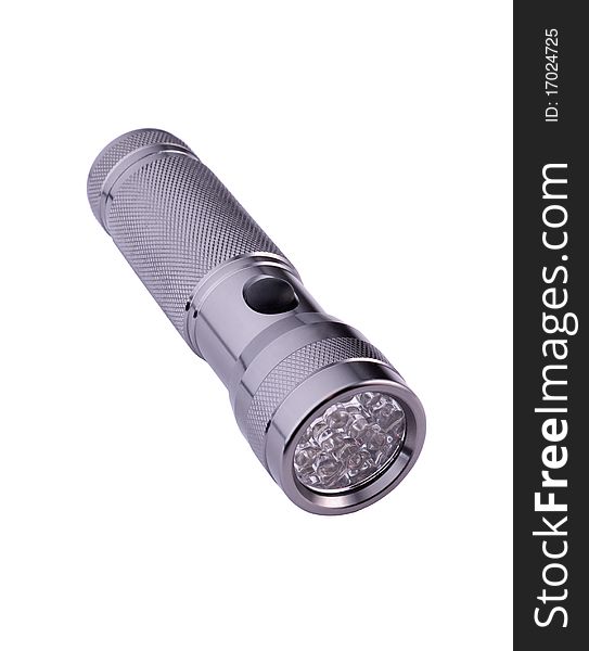 Light aluminium flashlight on a white background
